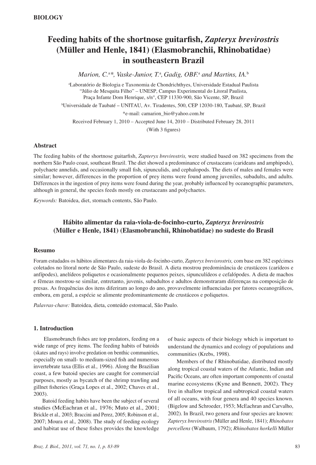 Feeding Habits of the Shortnose Guitarfish, Zapteryx