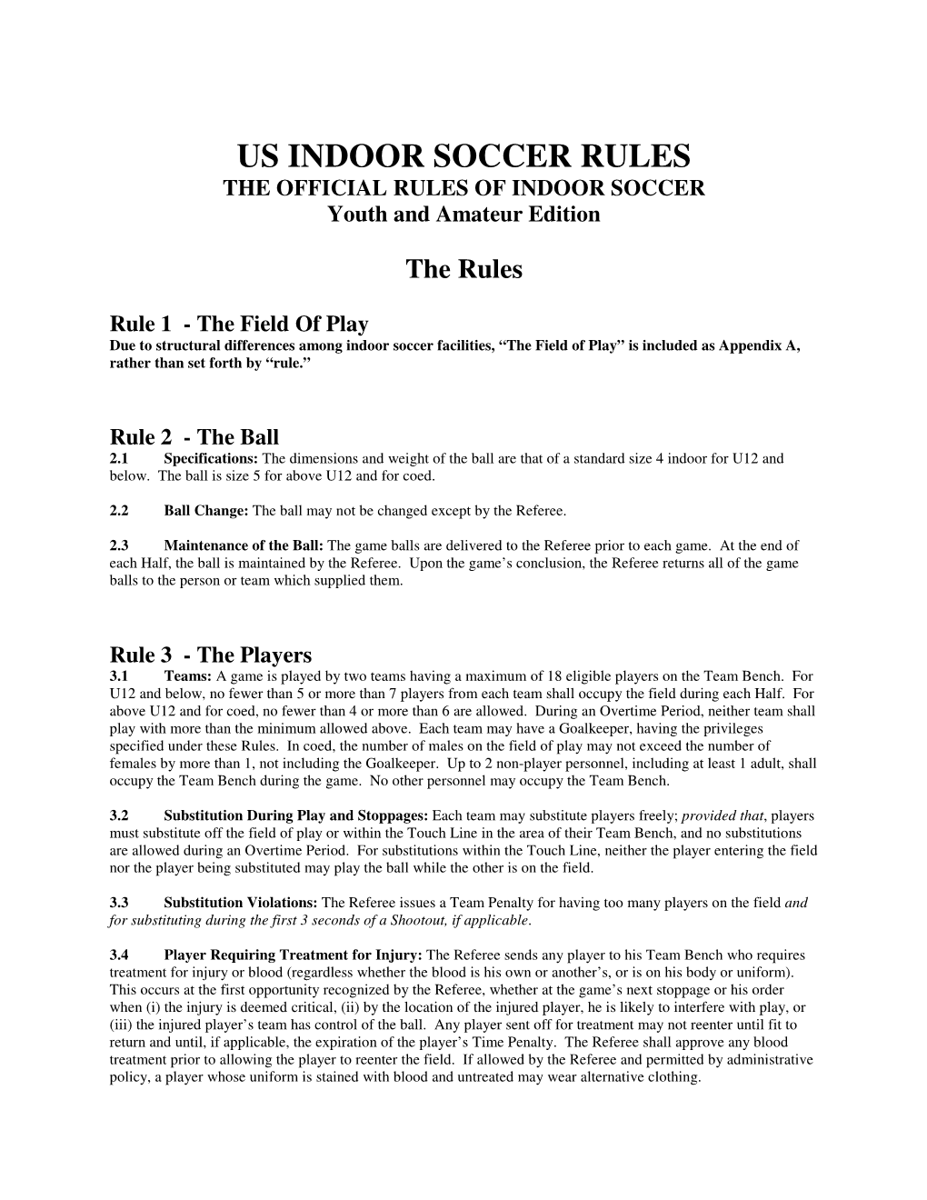 US INDOOR SOCCER RULES the OFFICIAL RULES of INDOOR SOCCER Youth and Amateur Edition