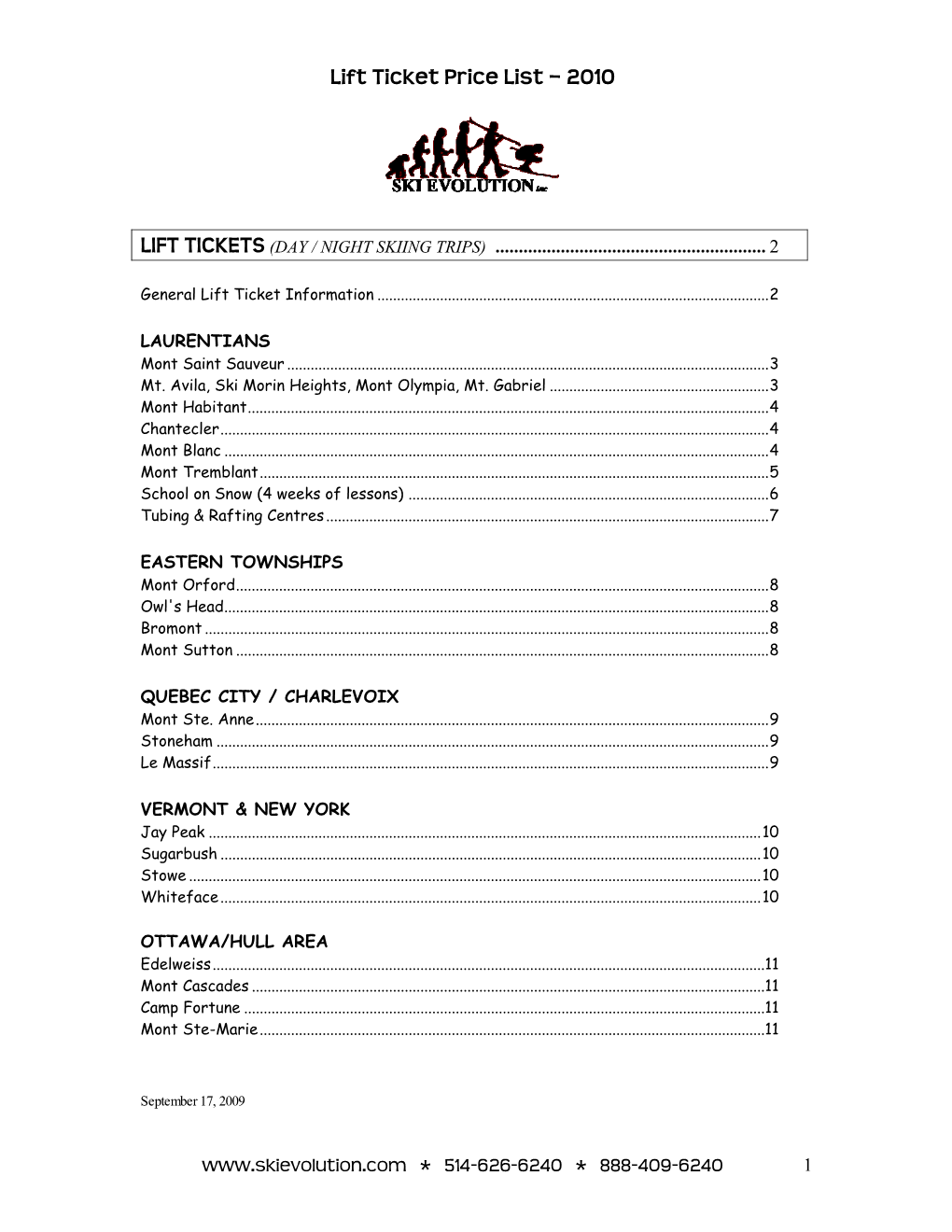 Lift Ticket Price List – 2010