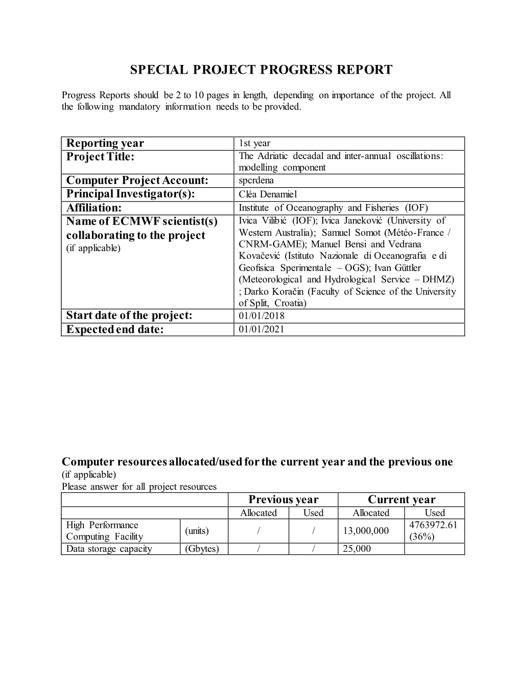 Special Project Progress Report