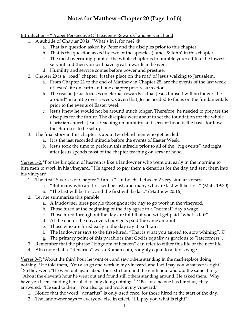 Notes for Matthew –Chapter 20 (Page 1 of 6)