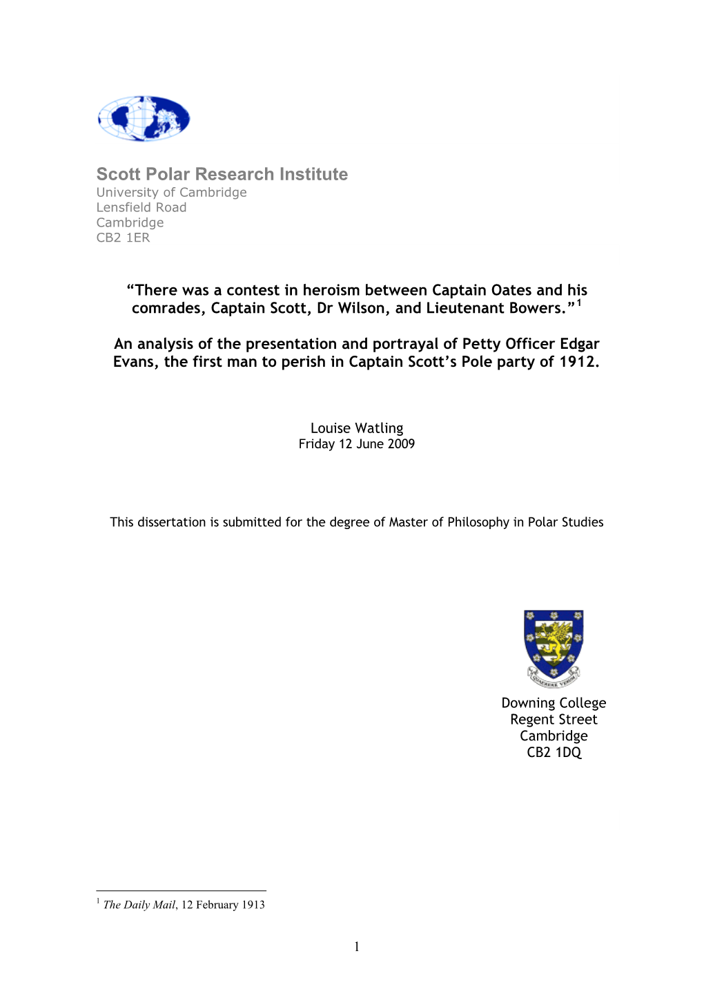 Scott Polar Research Institute University of Cambridge Lensfield Road Cambridge CB2 1ER