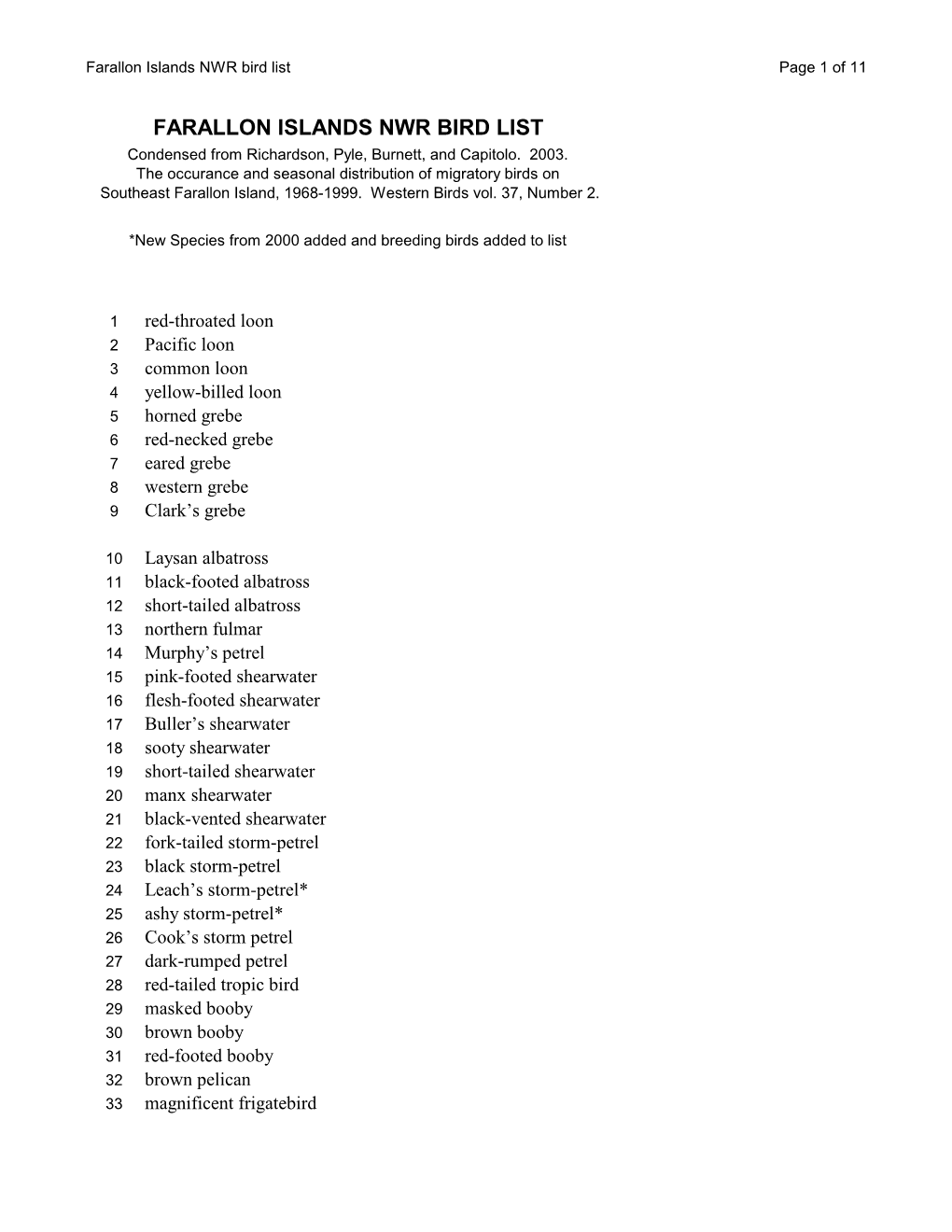 Farallon Islands NWR Bird List Page 1 of 11