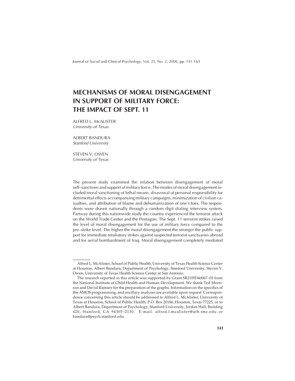 Mechanisms of Moral Disengagement in Support of Military Force: the Impact of Sept. 11