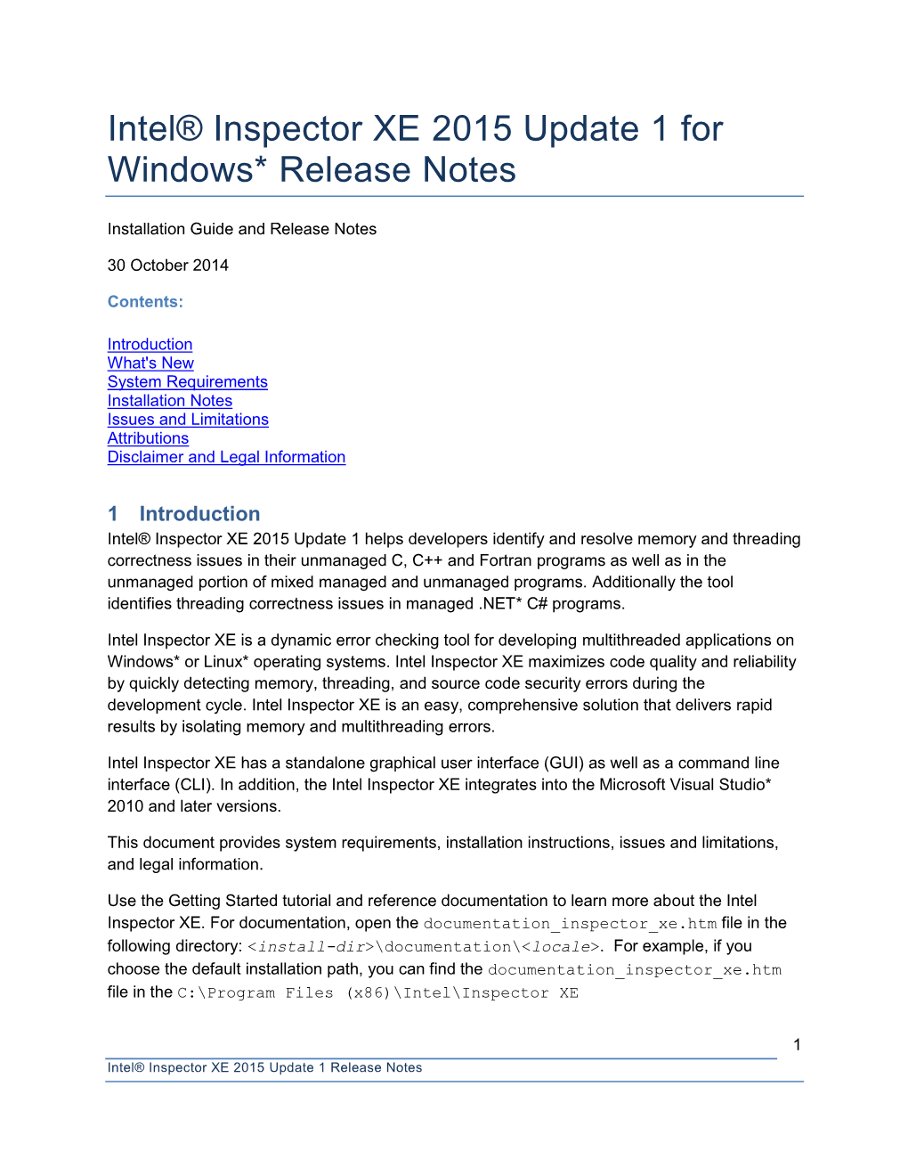 Intel® Inspector XE 2015 Release Notes for Windows* OS
