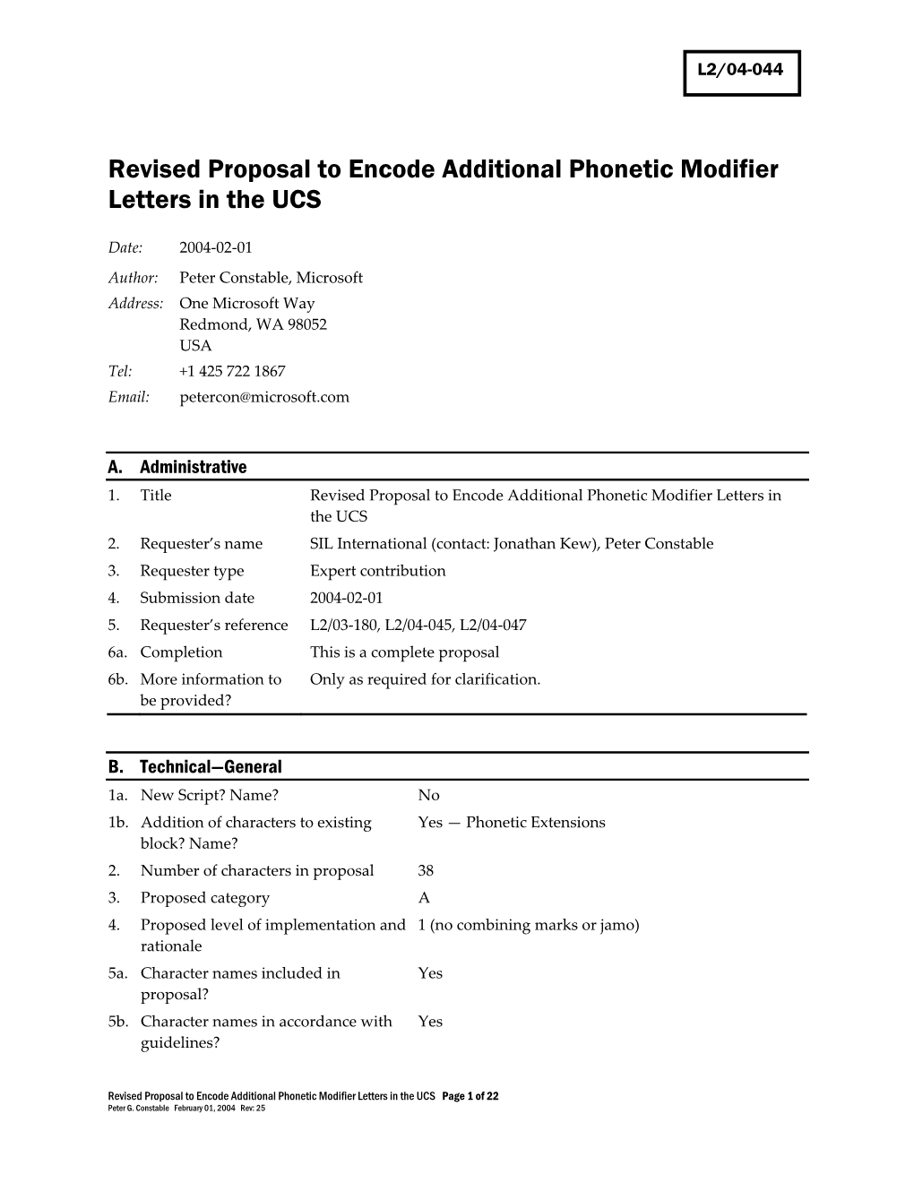 Revised Proposal to Encode Additional Phonetic Modifier Letters in the UCS