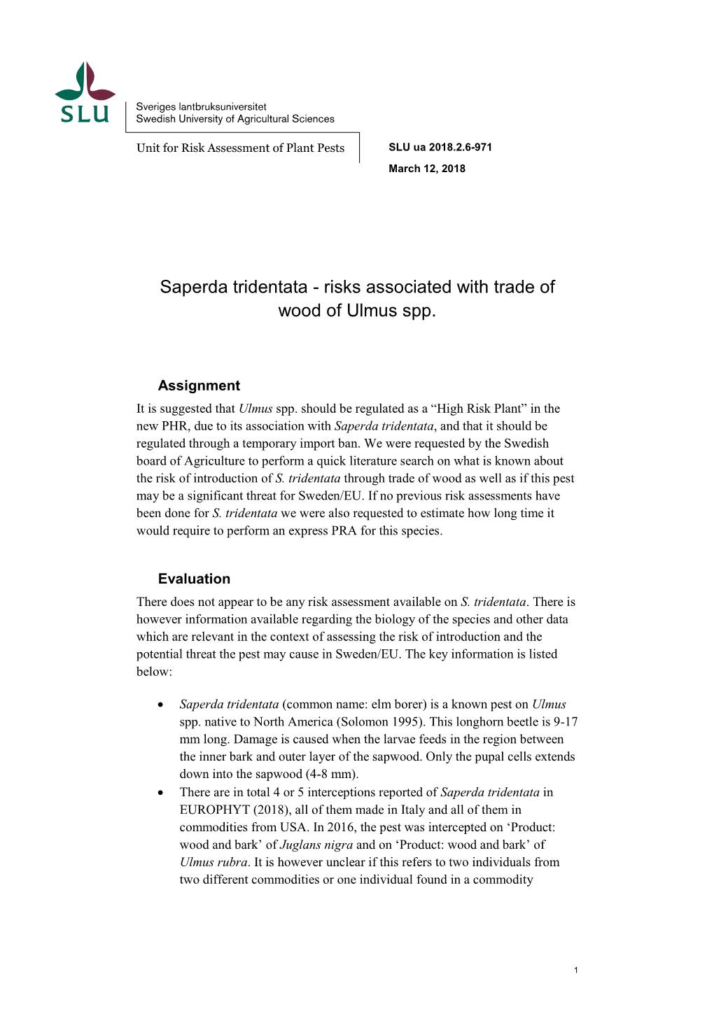 Saperda Tridentata - Risks Associated with Trade of Wood of Ulmus Spp