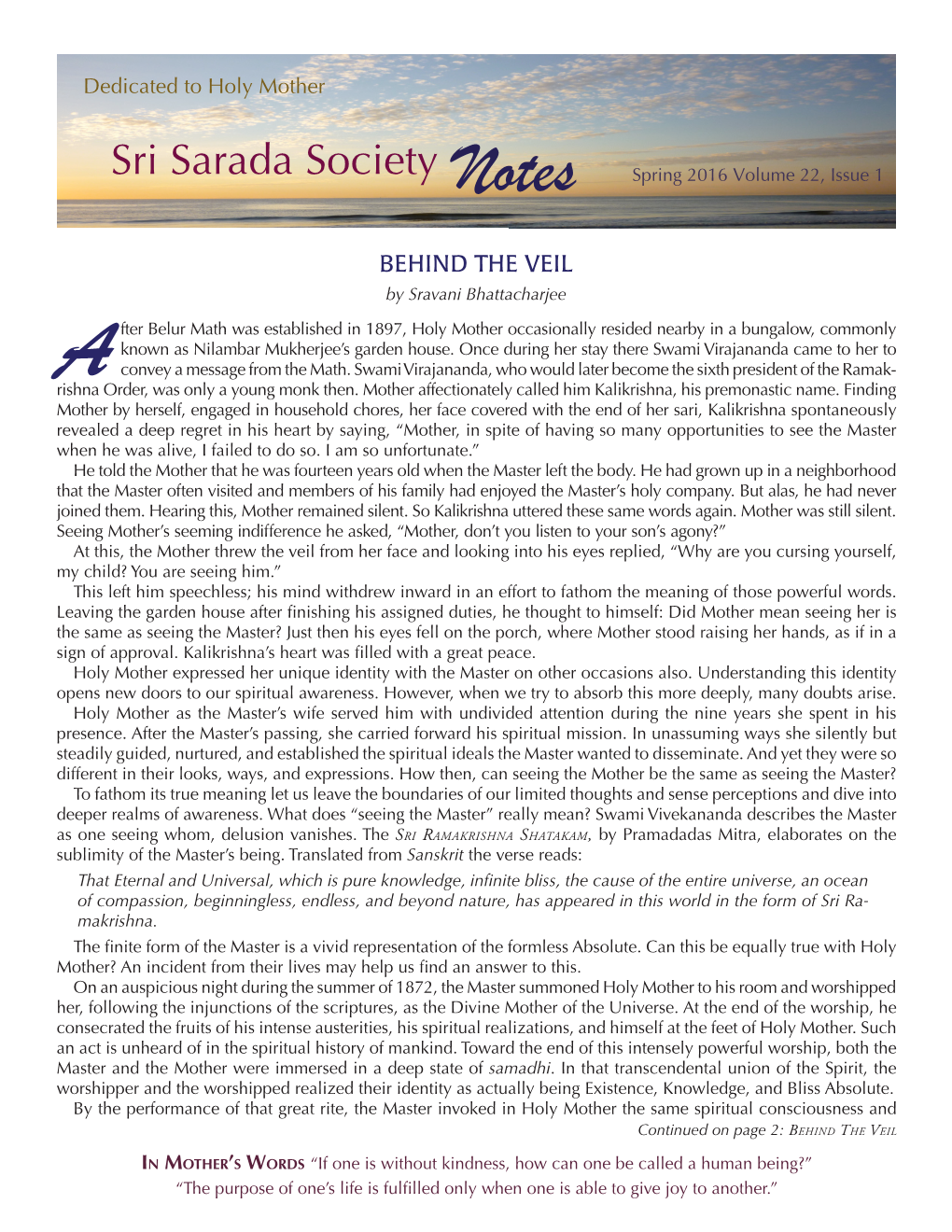 Sri Sarada Society Notes Spring 2016 Volume 22, Issue 1