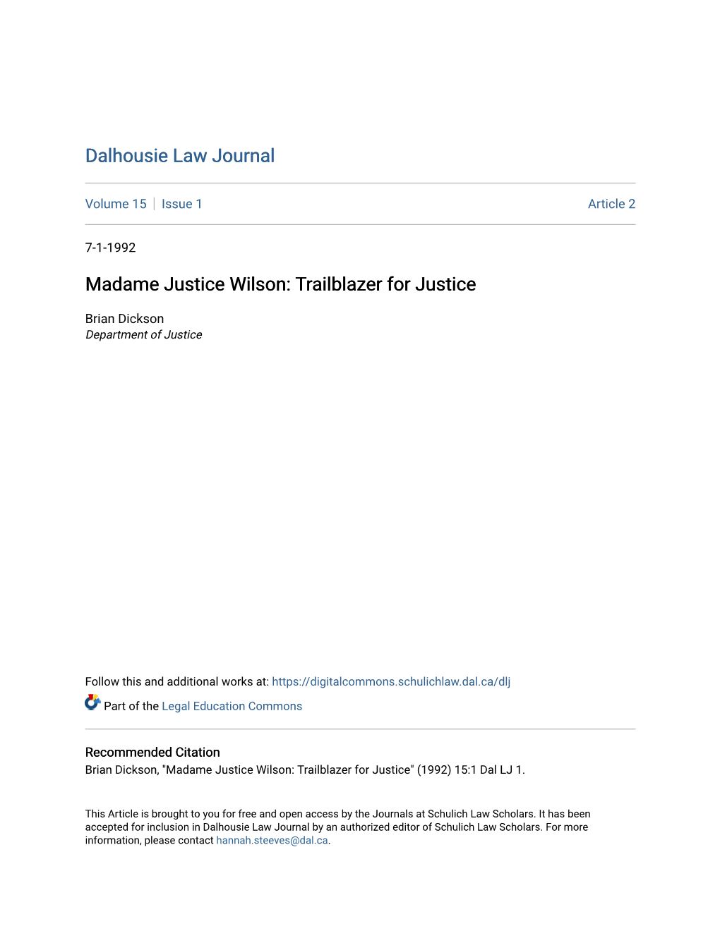 Madame Justice Wilson: Trailblazer for Justice