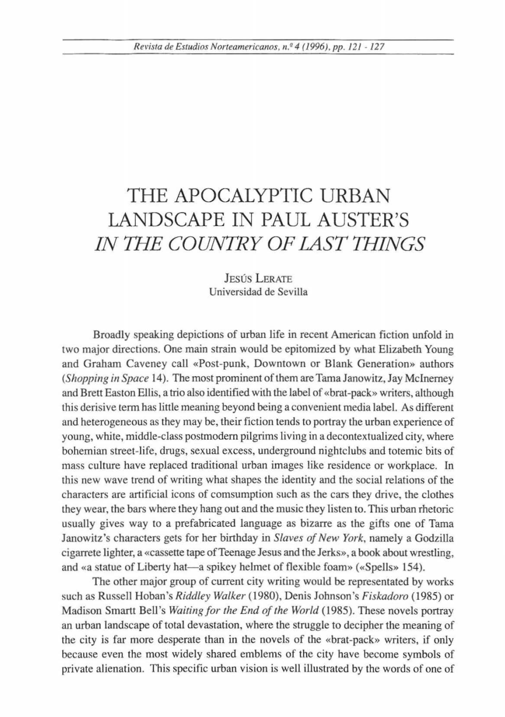 The Apocalyptic Urban Landscape in Paul Auster's in the Country of Last Wings