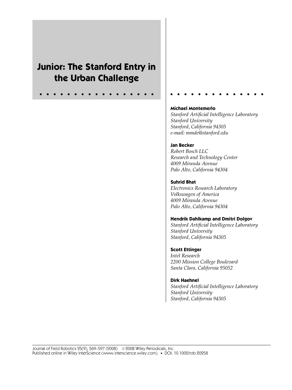 Junior: the Stanford Entry in the Urban Challenge