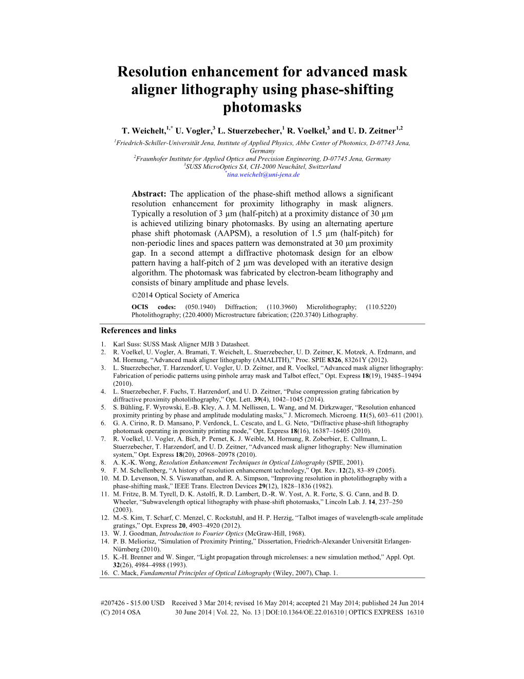 Resolution Enhancement for Advanced Mask Aligner Lithography Using Phase-Shifting Photomasks