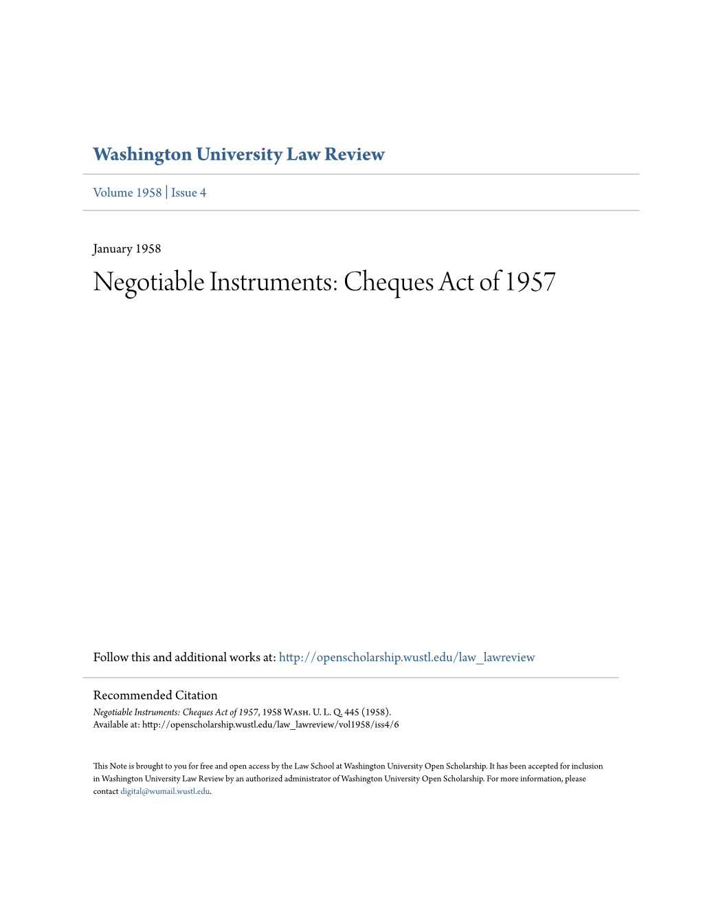 Negotiable Instruments: Cheques Act of 1957