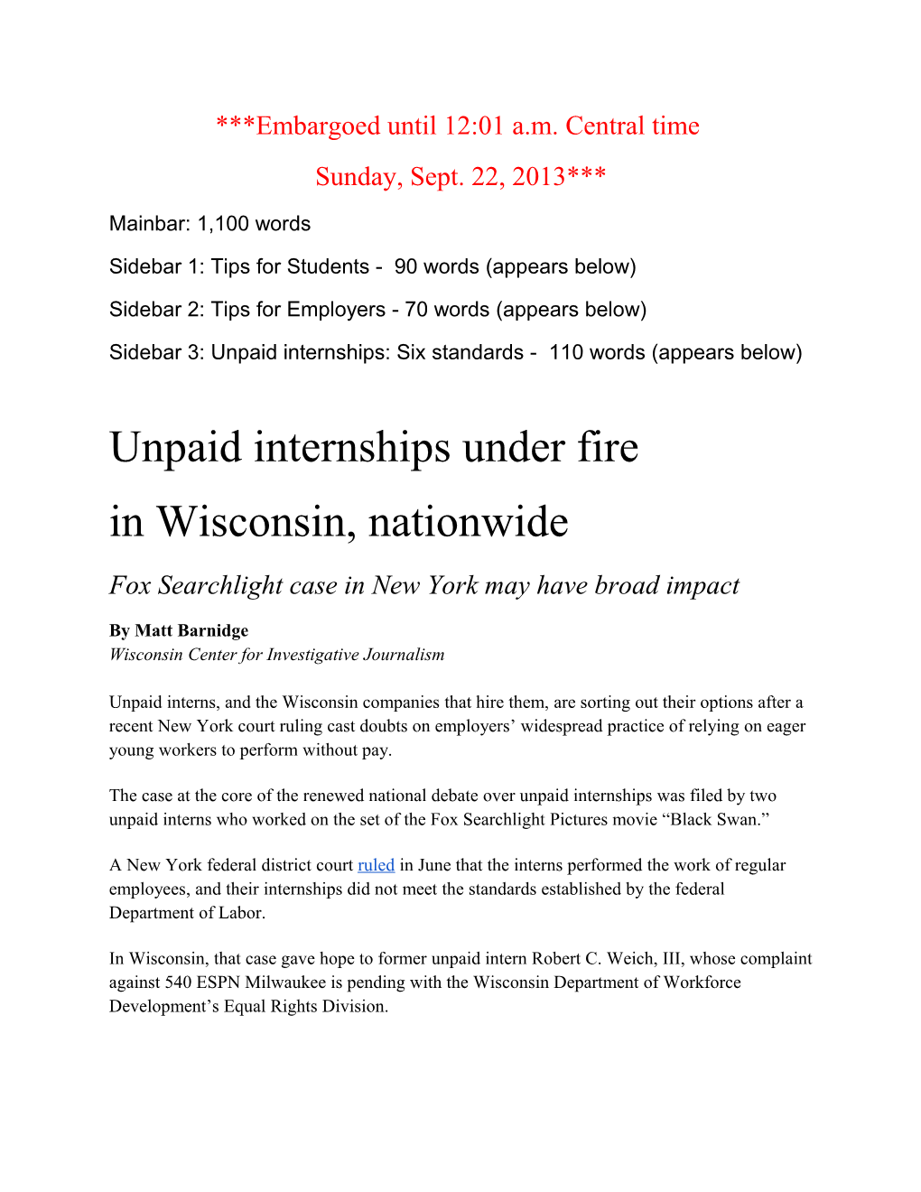 Unpaid Internships Condensed Version with Sidebars