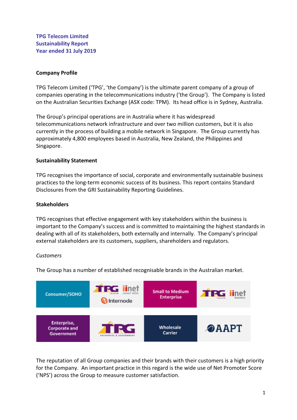 TPG Telecom Limited Sustainability Report Year Ended 31 July 2019