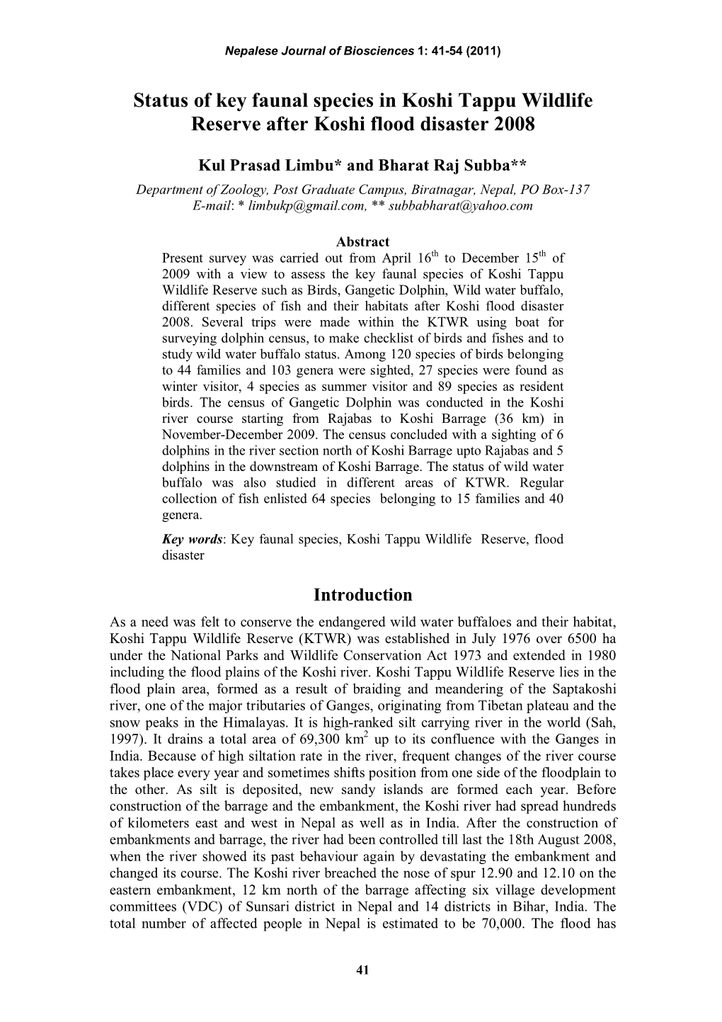 Status of Key Faunal Species in Koshi Tappu Wildlife Reserve After Koshi Flood Disaster 2008