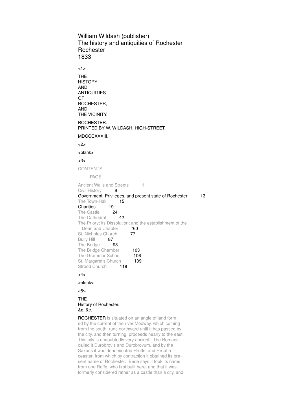 William Wildash (Publisher) the History and Antiquities of Rochester Rochester 1833
