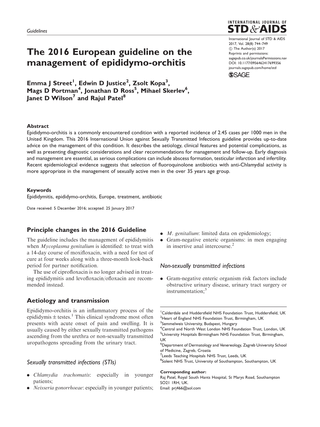 The 2016 European Guideline on the Management of Epididymo-Orchitis