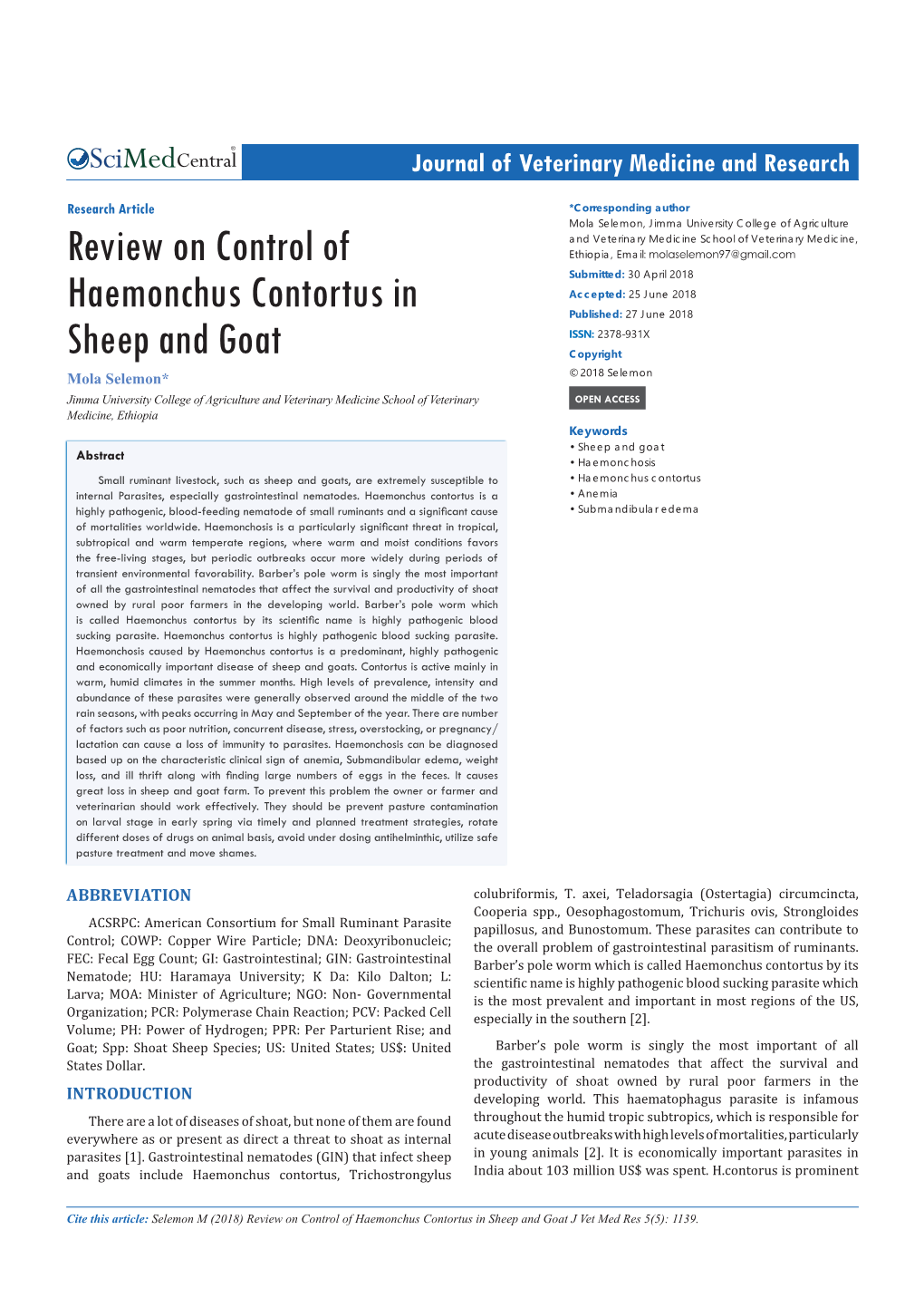 Review on Control of Haemonchus Contortus in Sheep and Goat J Vet Med Res 5(5): 1139