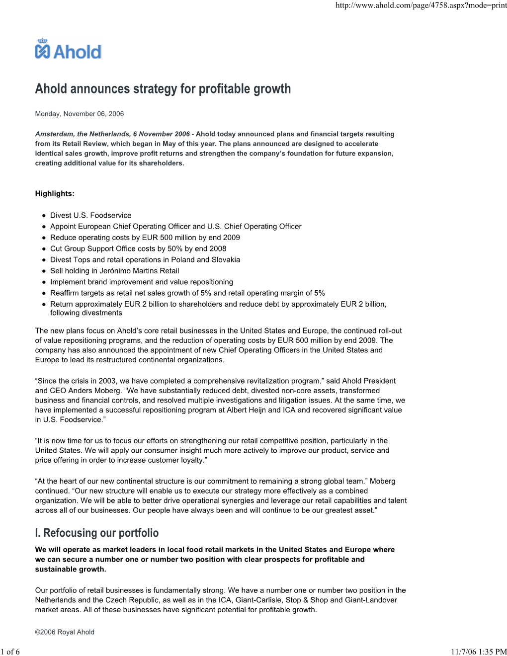 Ahold Announces Strategy for Profitable Growth