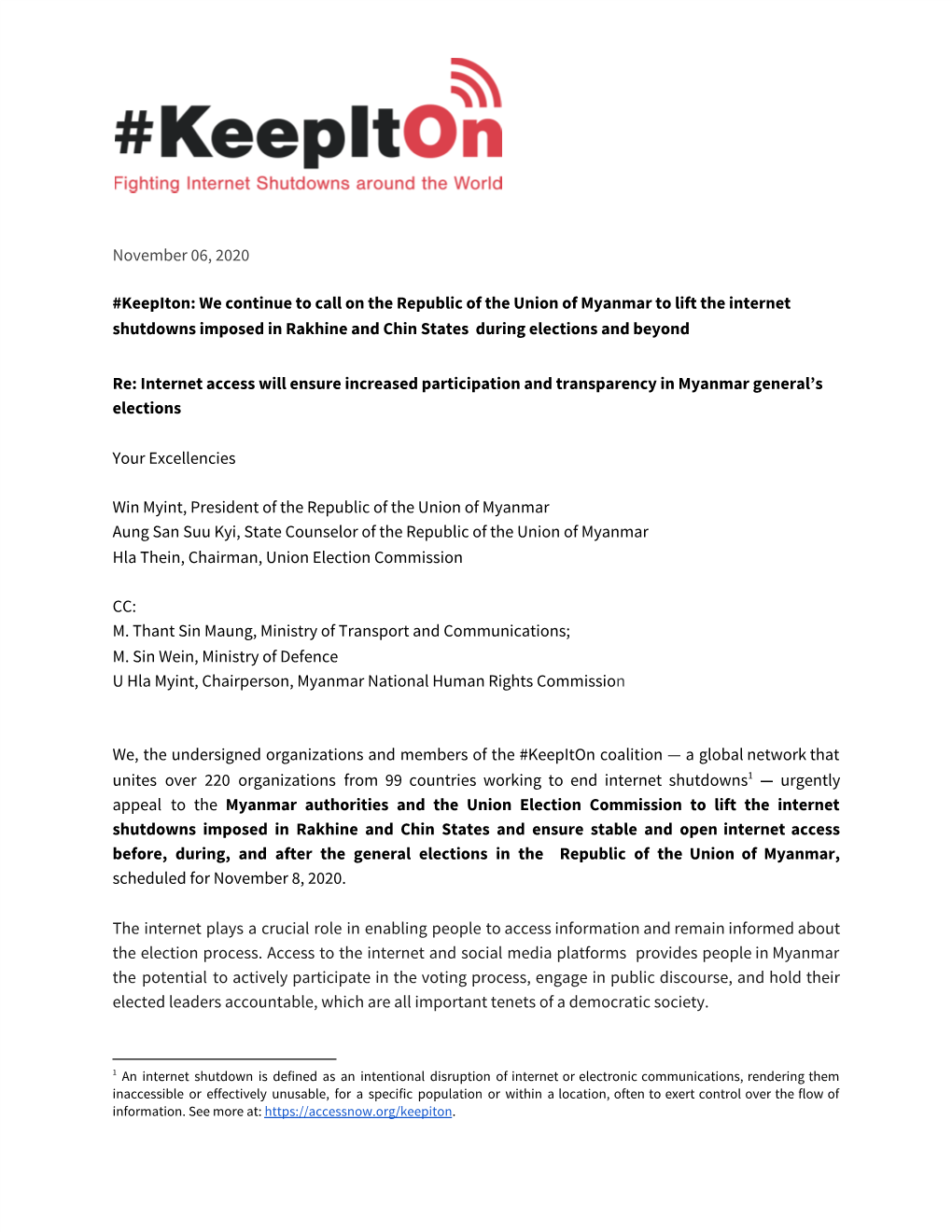 November 06, 2020 #Keepiton: We Continue to Call on the Republic Of