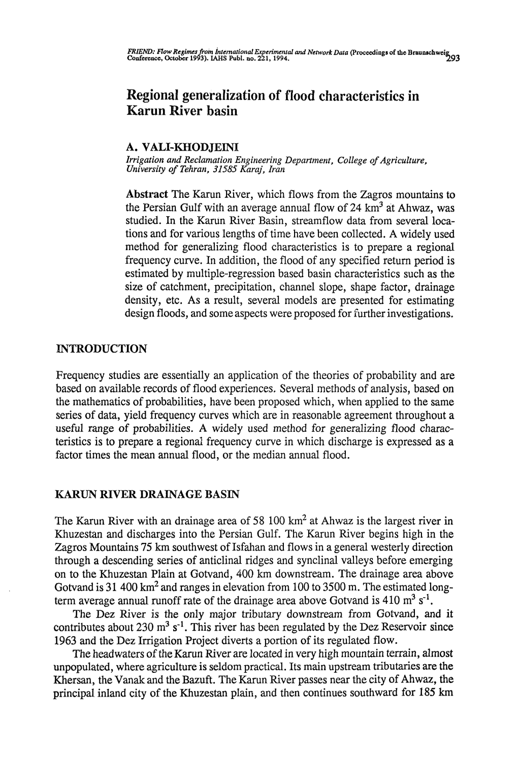 Regional Generalization of Flood Characteristics in Karun River Basin