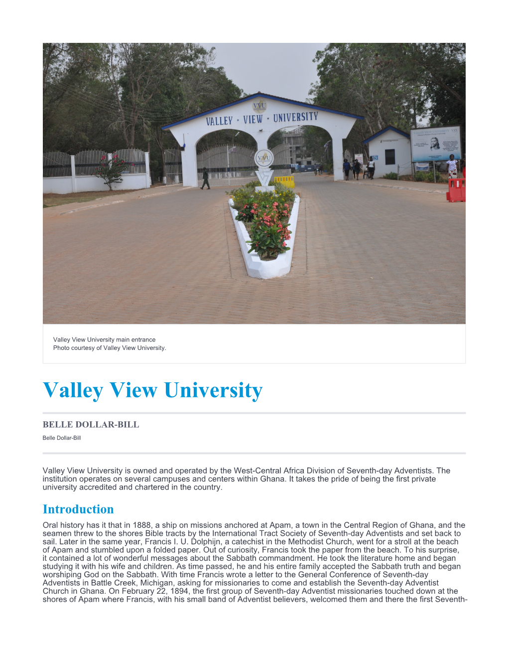 Valley View University Main Entrance Photo Courtesy of Valley View University