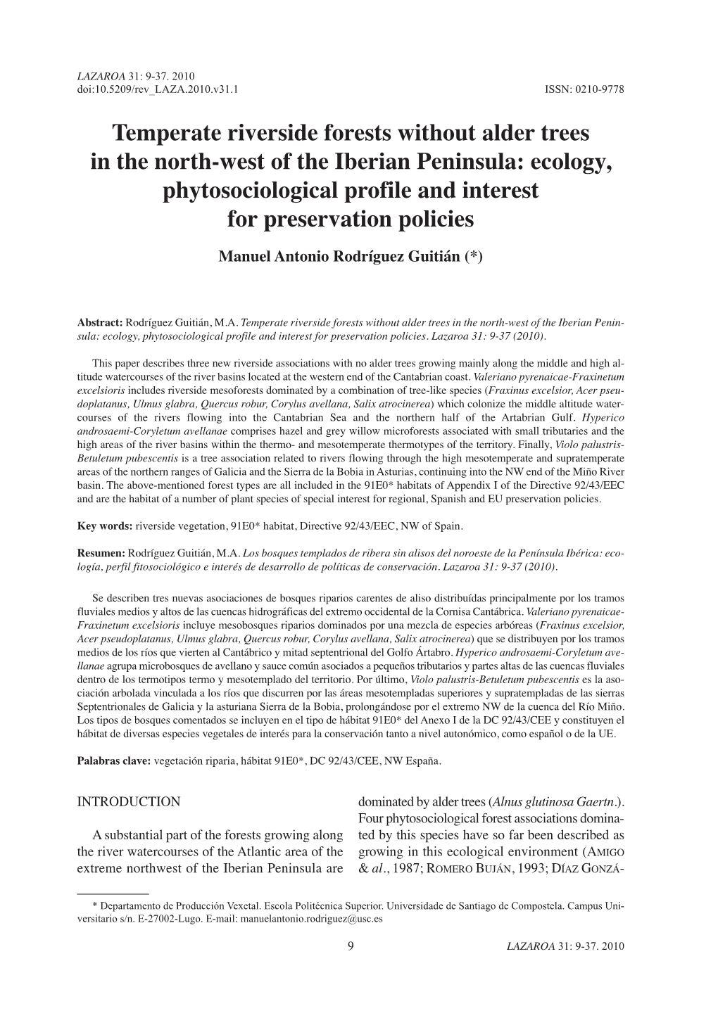 Temperate Riverside Forests Without Alder Trees in the North-West of the Iberian Peninsula: Ecology, Phytosociological Profile and Interest for Preservation Policies