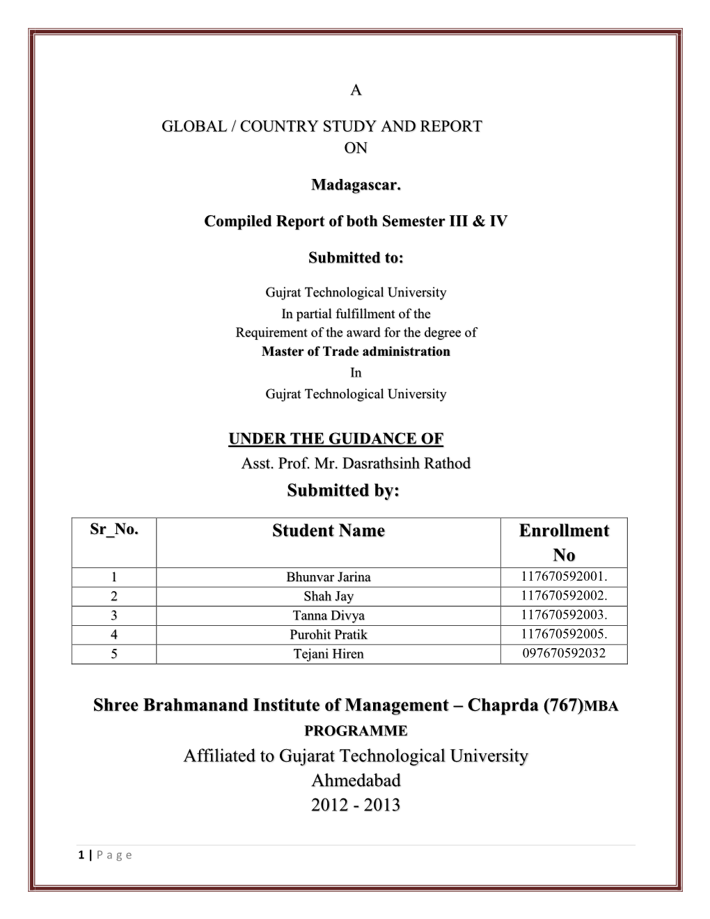 Chaprda (767)MBA PROGRAMME Affiliated to Gujarat Technological University Ahmedabad 2012 - 2013