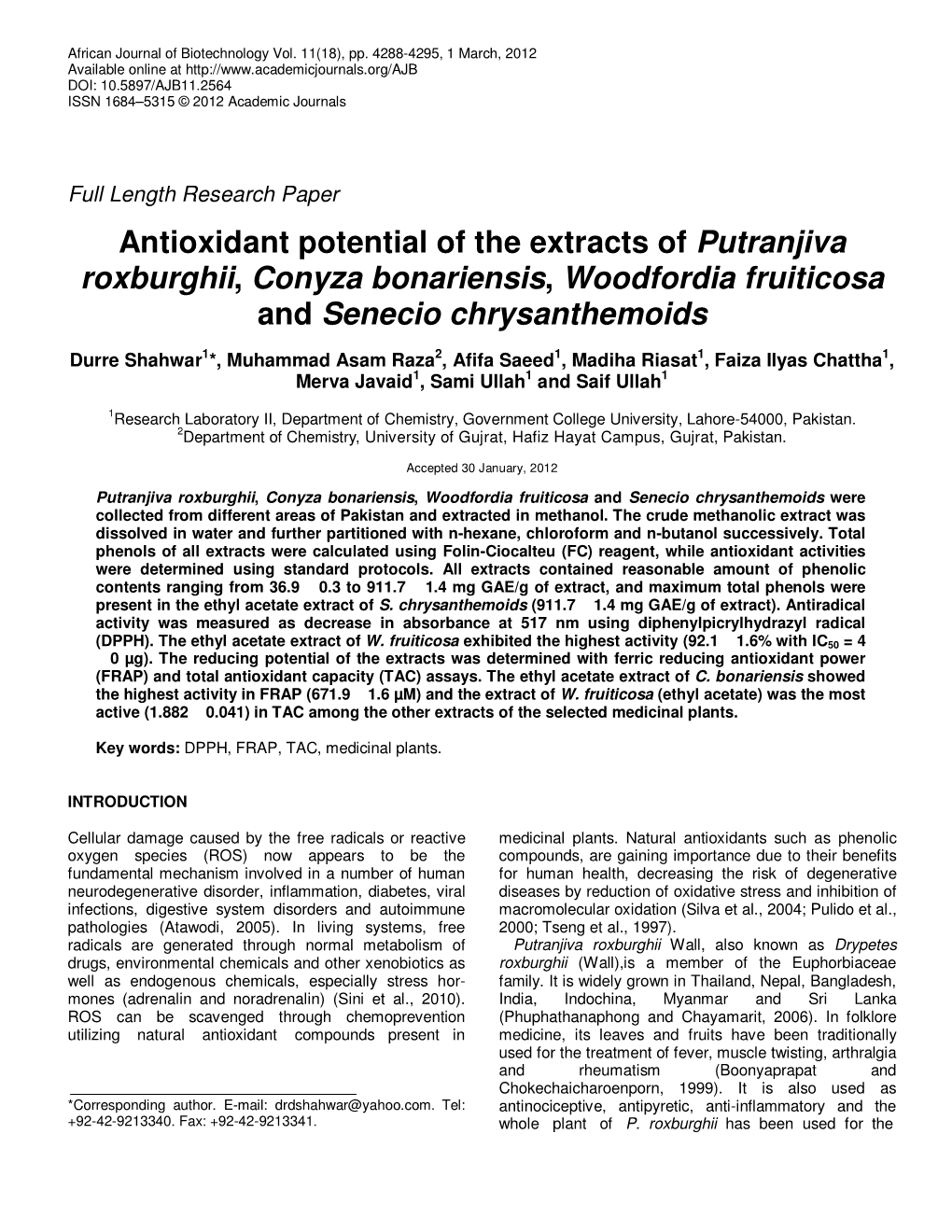 Antioxidant Potential of the Extracts of Putranjiva Roxburghii, Conyza