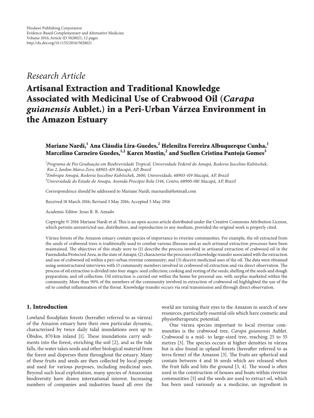 Carapa Guianensis Aublet.) in a Peri-Urban Várzea Environment in the Amazon Estuary