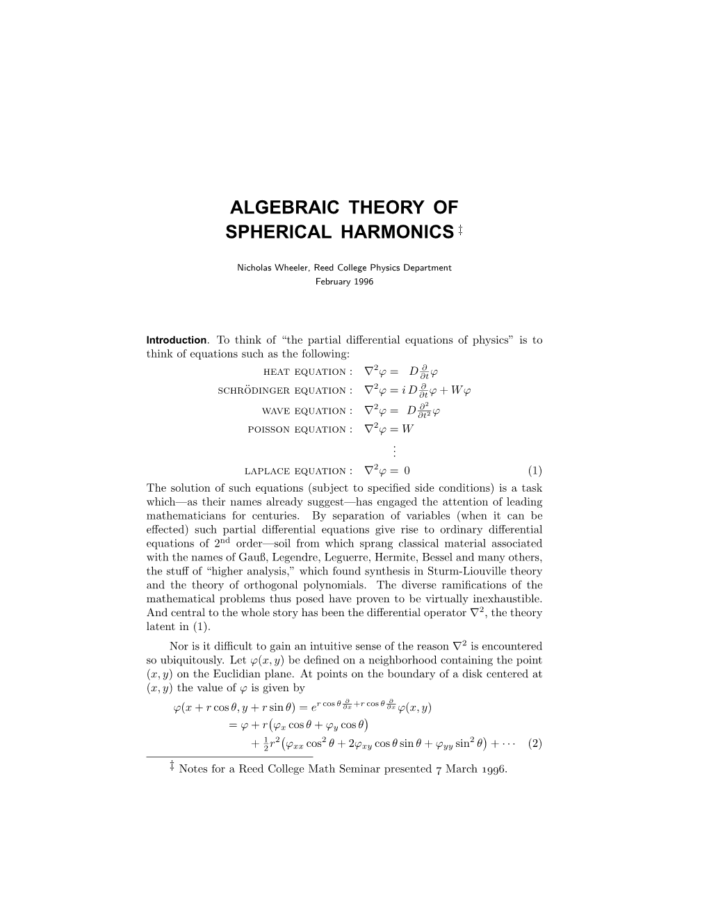 Algebraic Theory of Spherical Harmonics ‡