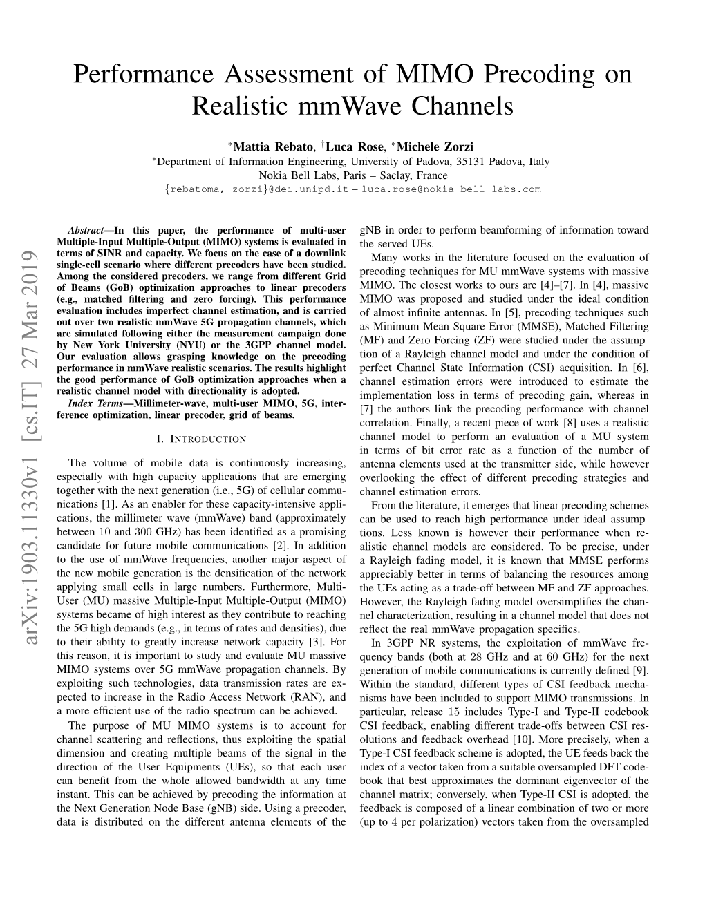 Performance Assessment of MIMO Precoding on Realistic Mmwave Channels