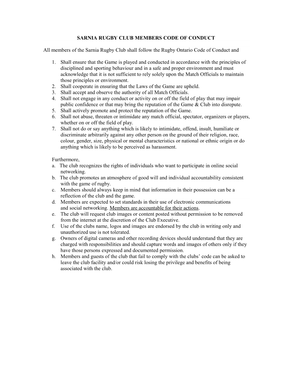 Sarnia Rugby Club Members Code of Conduct