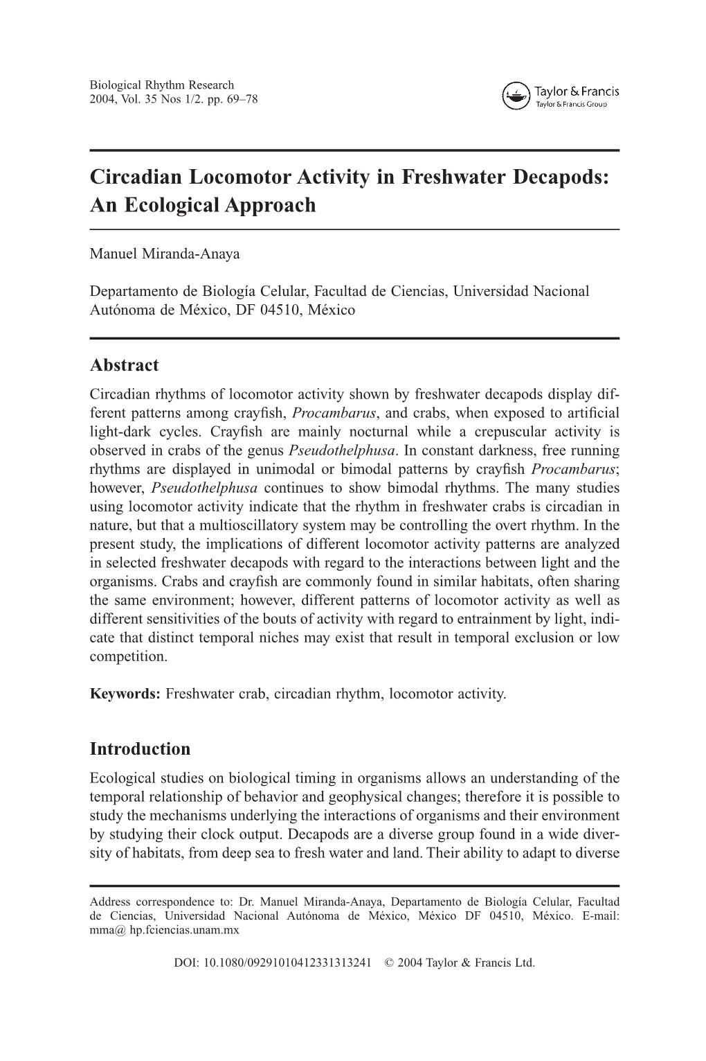 Circadian Locomotor Activity in Freshwater Decapods: an Ecological Approach