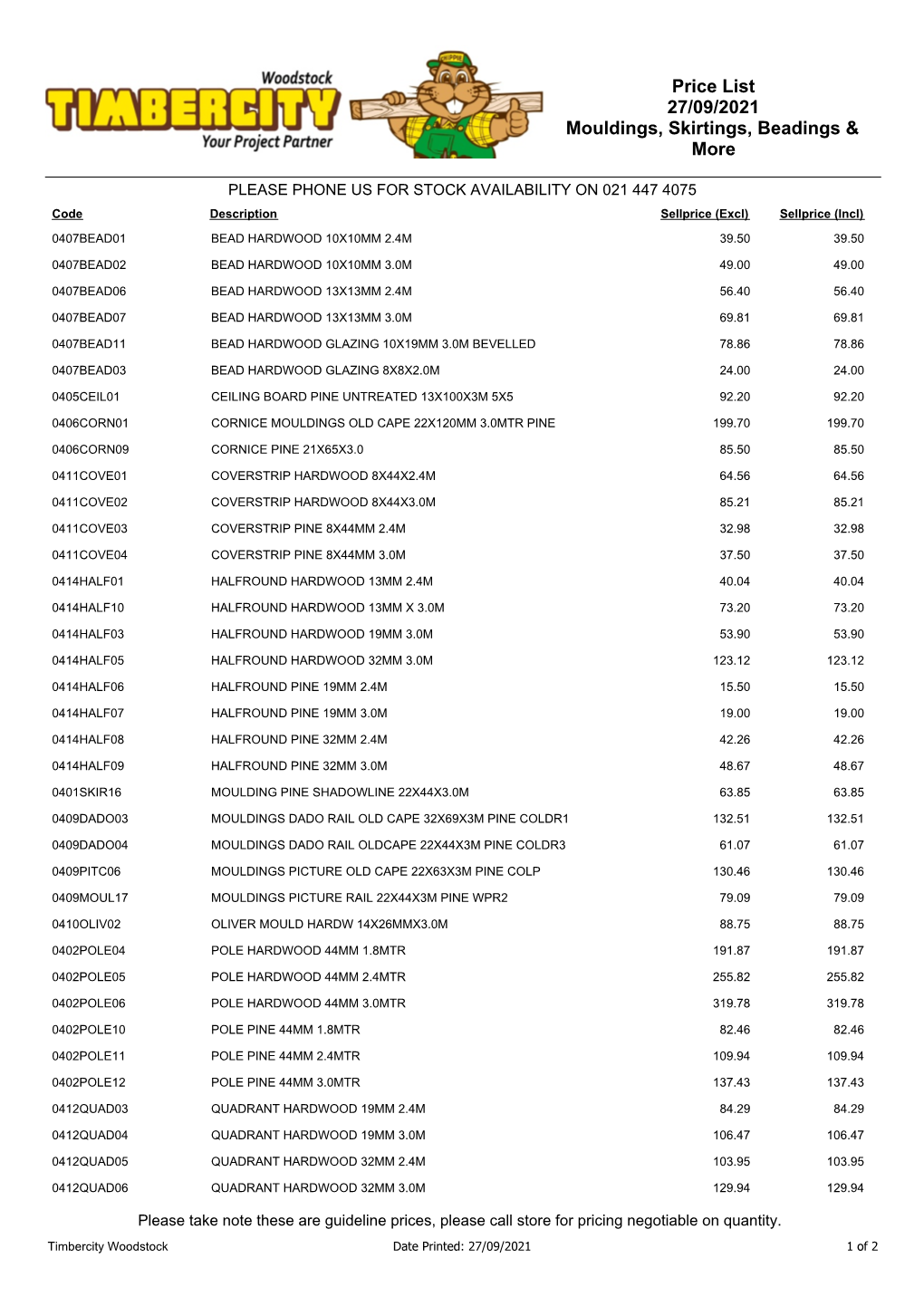 Price List 02/09/2021 Mouldings, Skirtings, Beadings & More