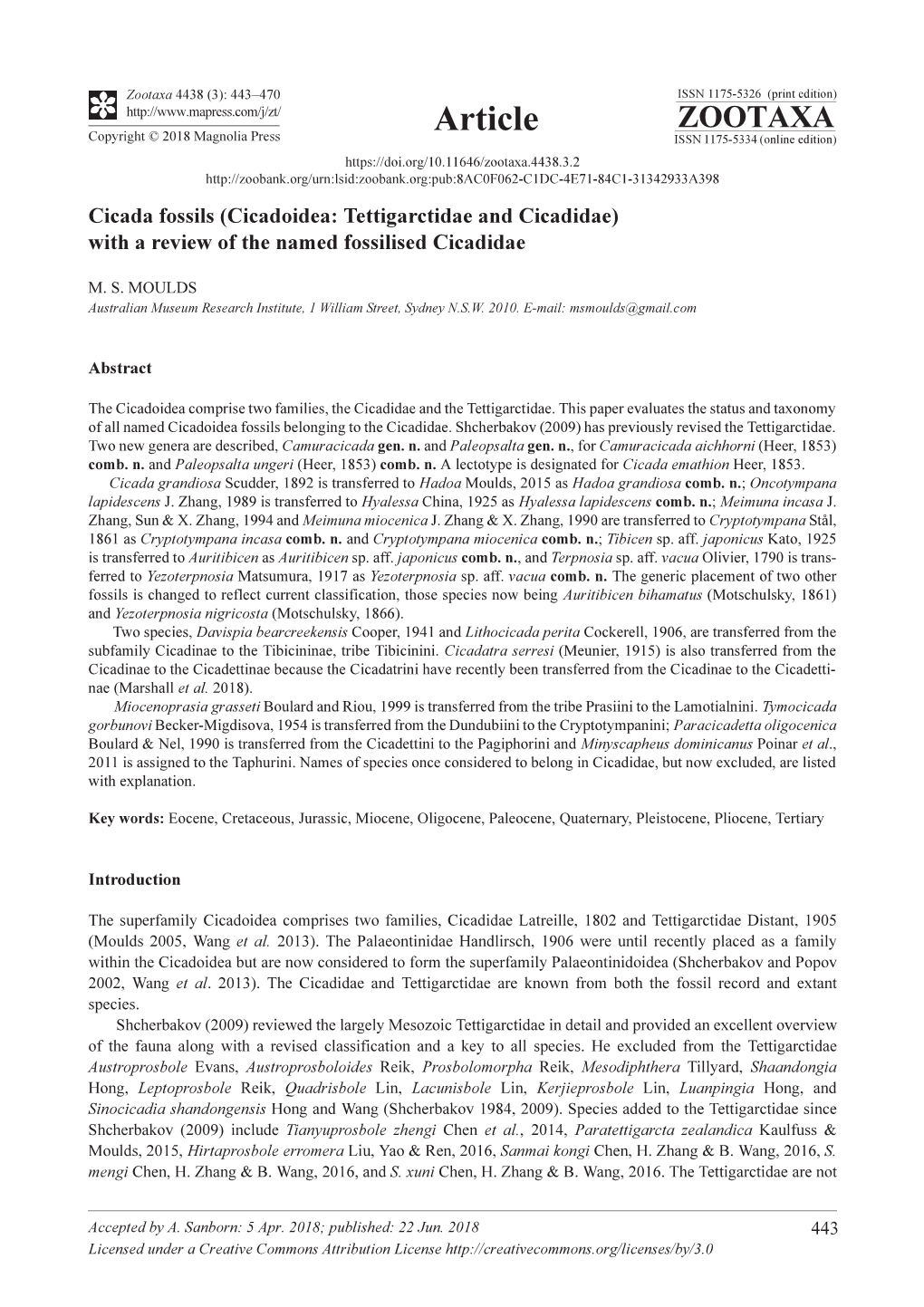 Cicada Fossils (Cicadoidea: Tettigarctidae and Cicadidae) with a Review of the Named Fossilised Cicadidae