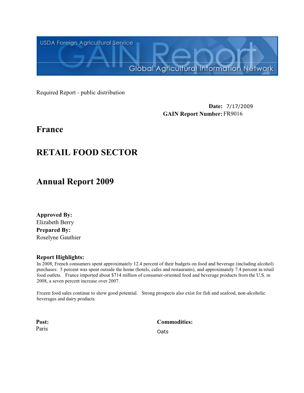 France RETAIL FOOD SECTOR Annual Report 2009