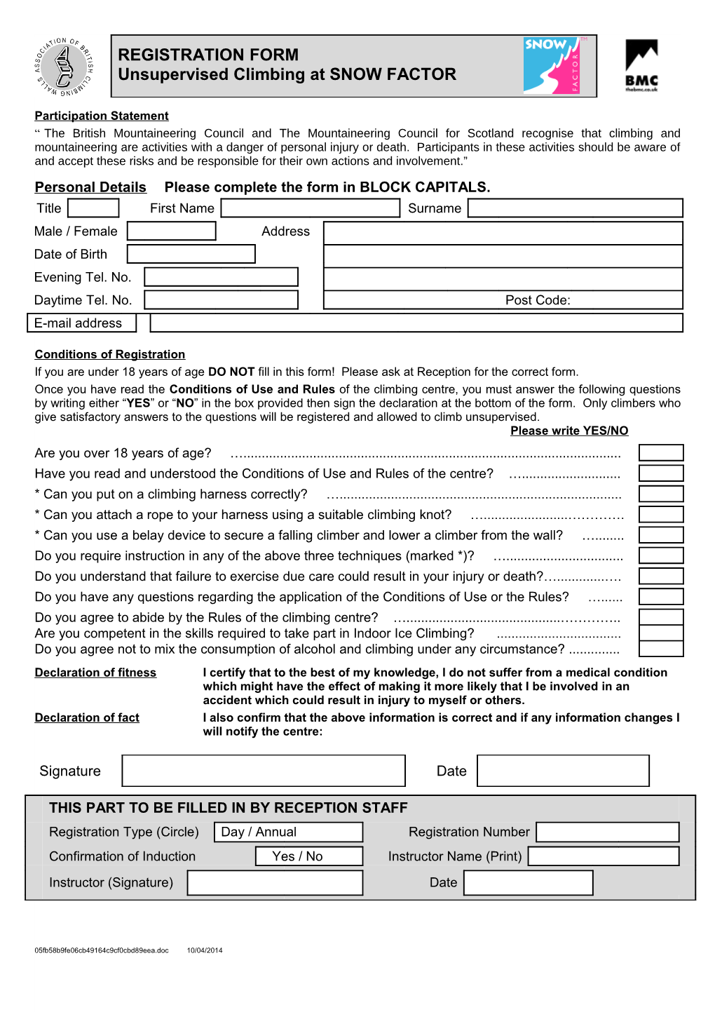 Registration Form for Unsupervised Use of the Castle Climbing Centre s1