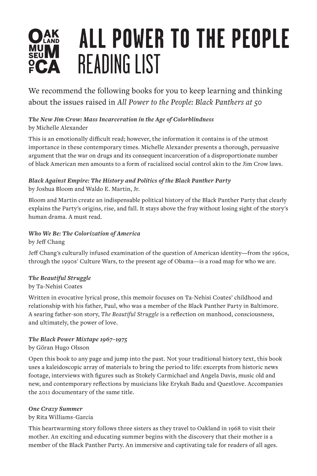 Reading List We Recommend the Following Books for You to Keep Learning and Thinking About the Issues Raised in All Power to the People: Black Panthers at 50