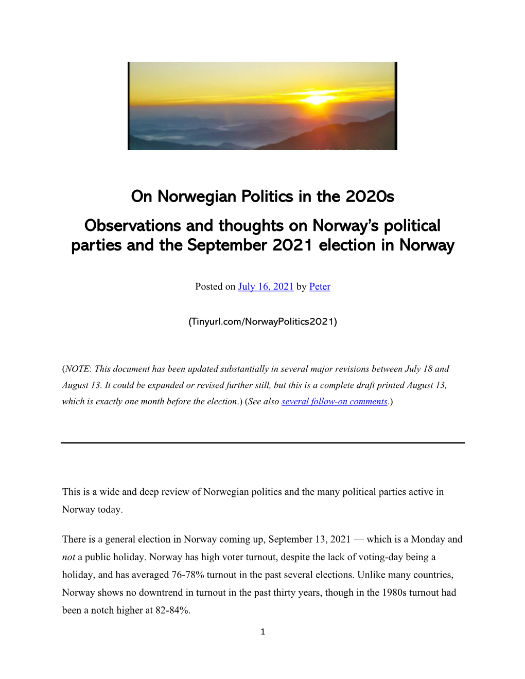 On Norwegian Politics in the 2020S Observations And