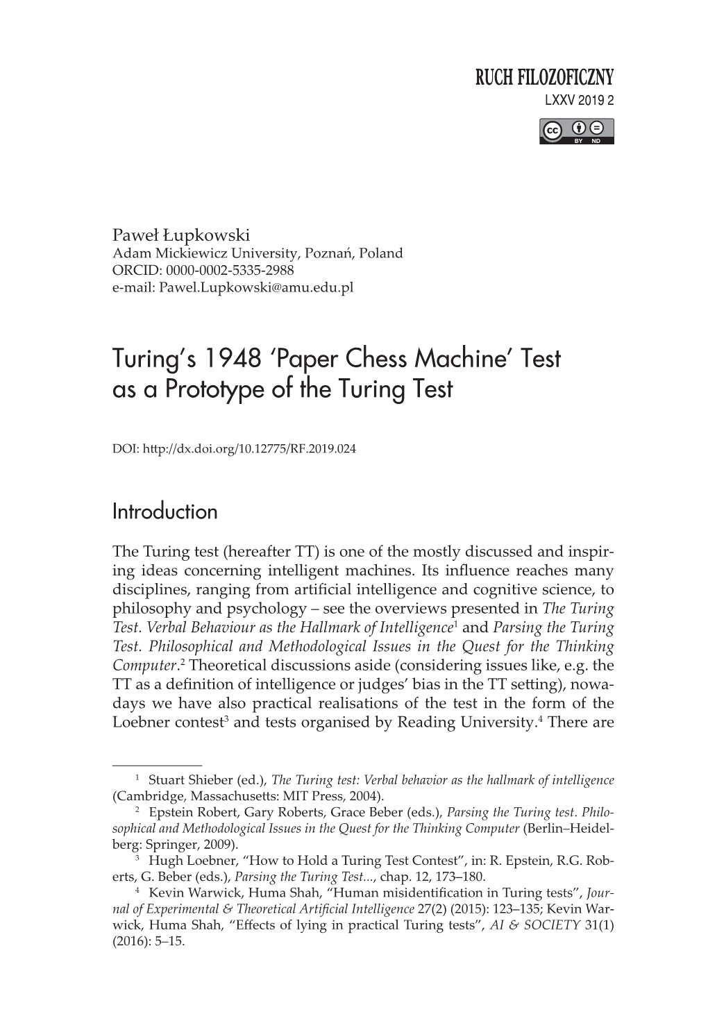 Turing's 1948 'Paper Chess Machine' Test As a Prototype of the Turing Test