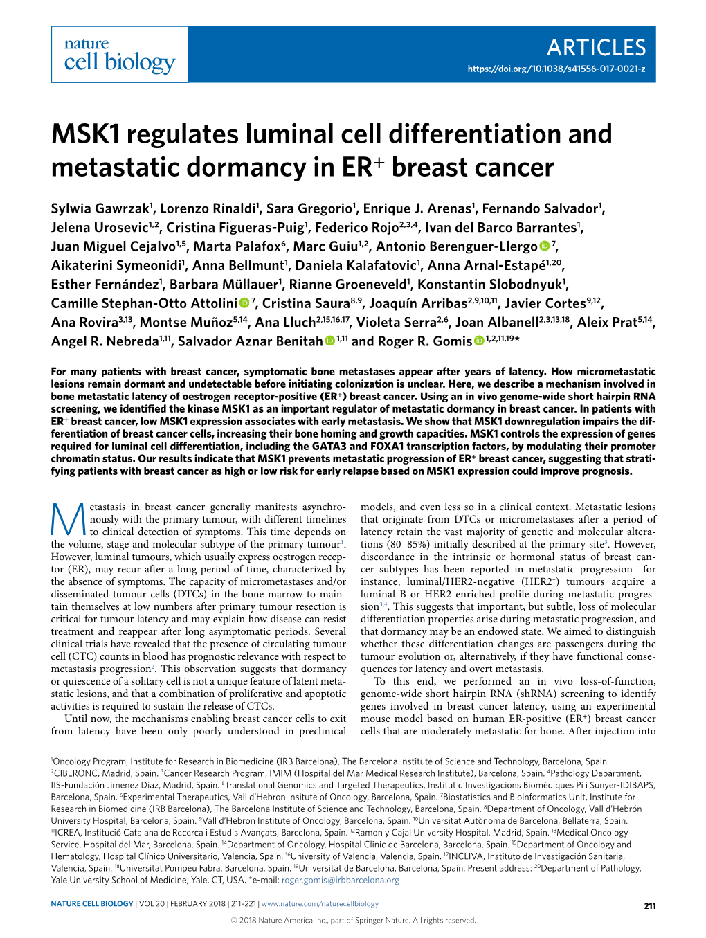 MSK1 Regulates Luminal Cell Differentiation and Metastatic Dormancy in ER+ Breast Cancer
