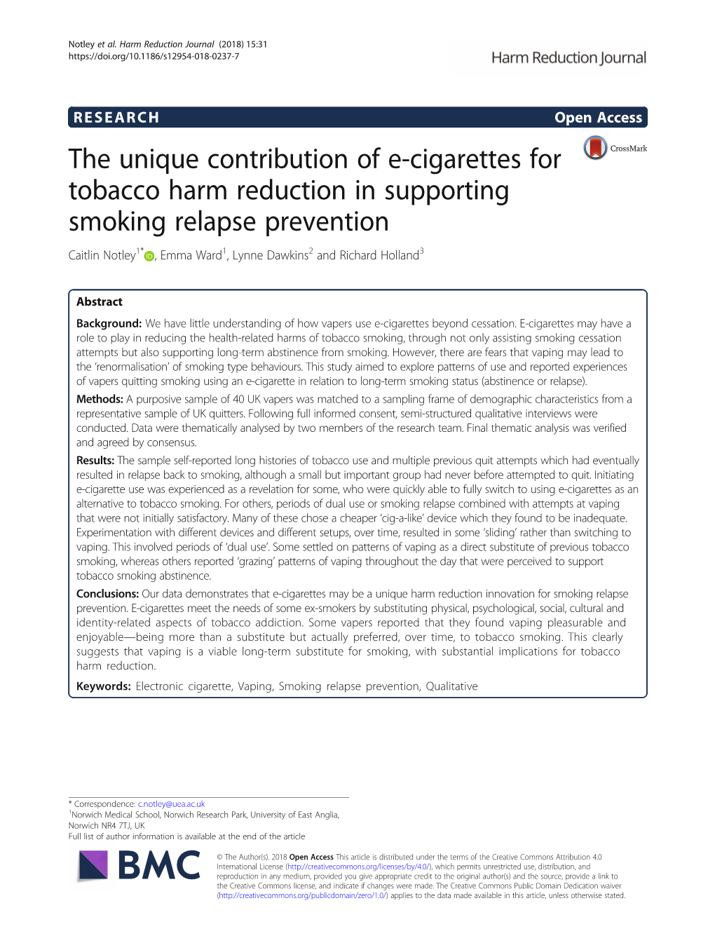 The Unique Contribution of E-Cigarettes for Tobacco Harm