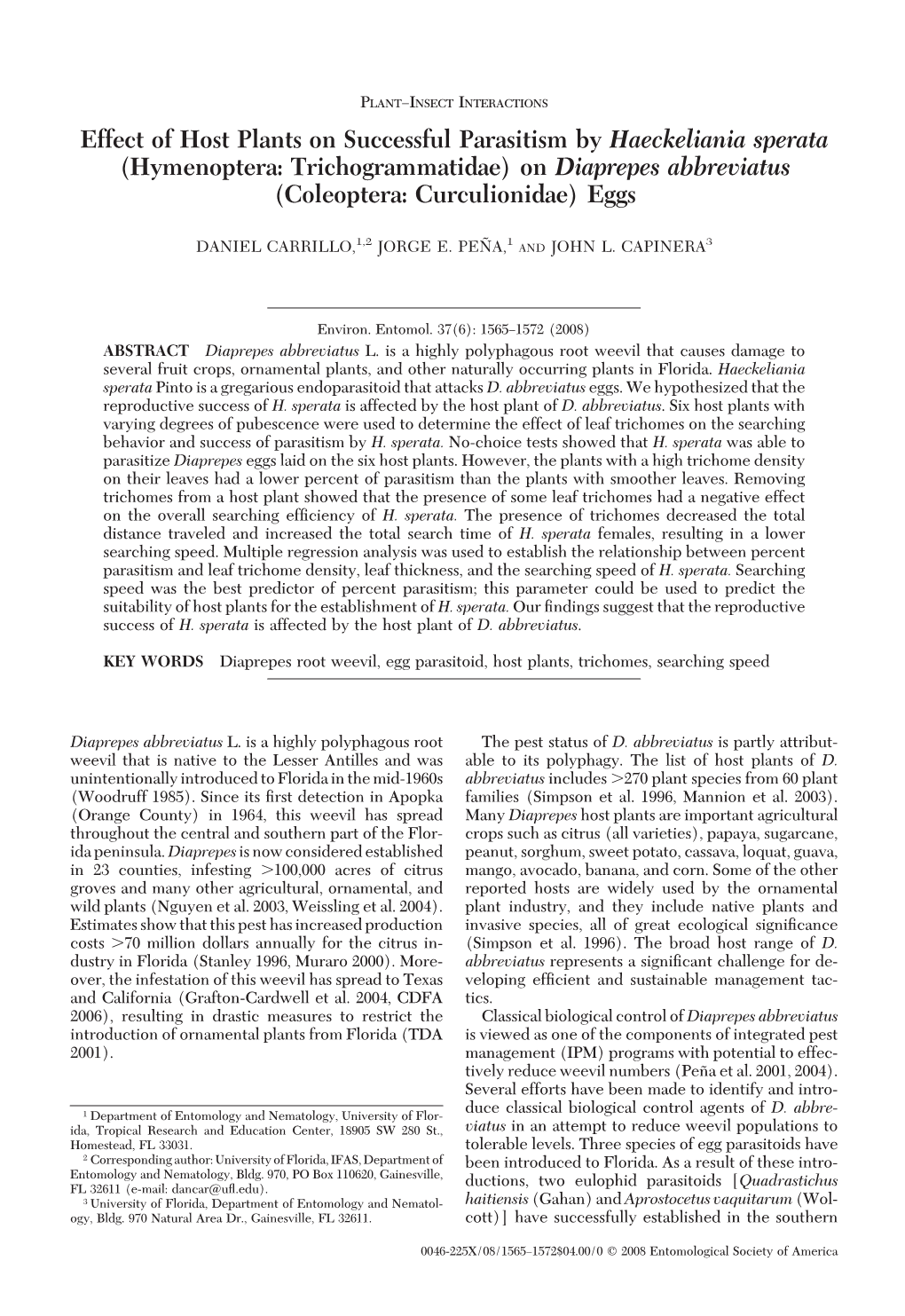 Effect of Host Plants on Successful Parasitism by Haeckeliania Sperata (Hymenoptera: Trichogrammatidae) on Diaprepes Abbreviatus (Coleoptera: Curculionidae) Eggs