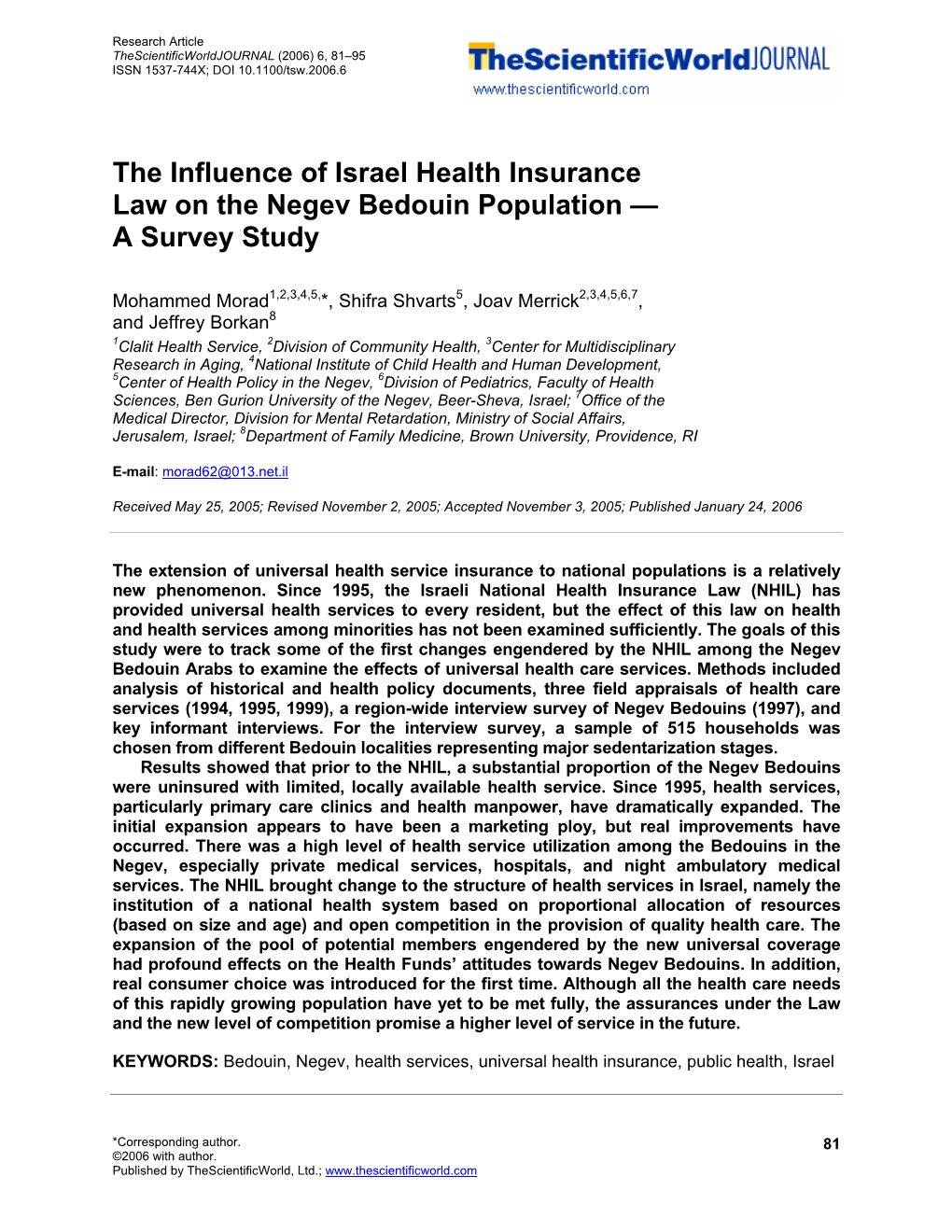 The Influence of Israel Health Insurance Law on the Negev Bedouin Population — a Survey Study