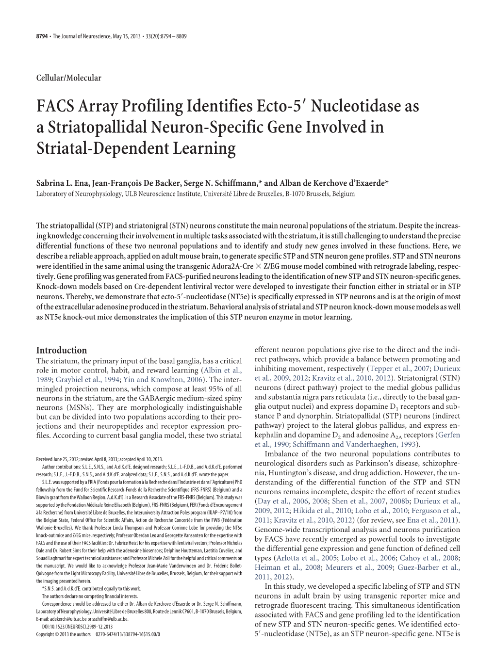 FACS Array Profiling Identifies Ecto-5 Nucleotidase As a Striatopallidal