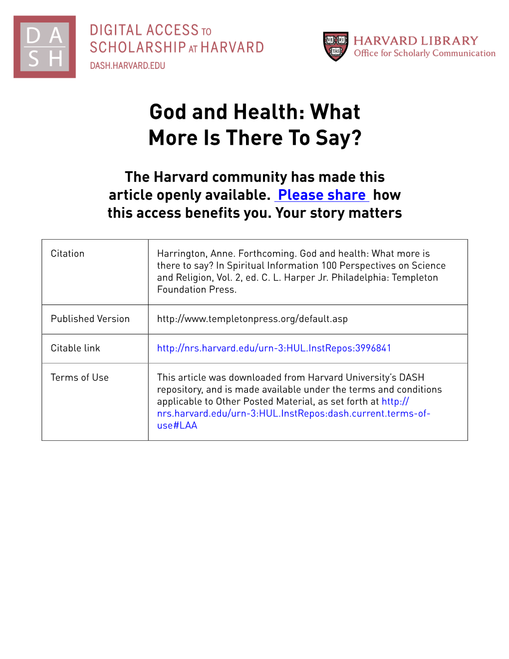 God and Health: What More Is There to Say?