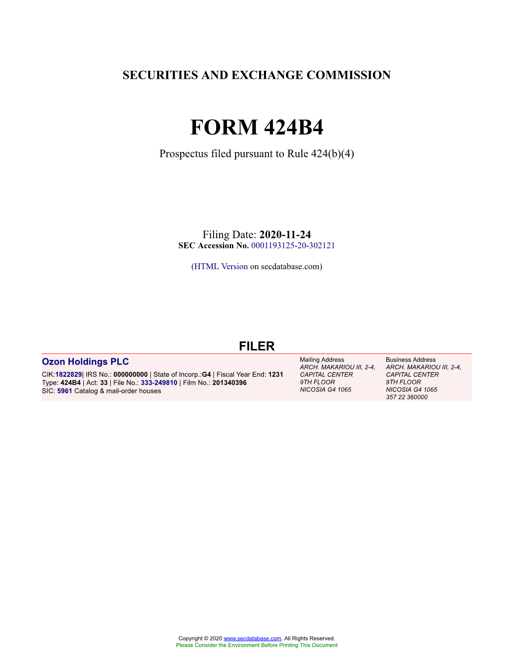 Ozon Holdings PLC Form 424B4 Filed 2020-11-24