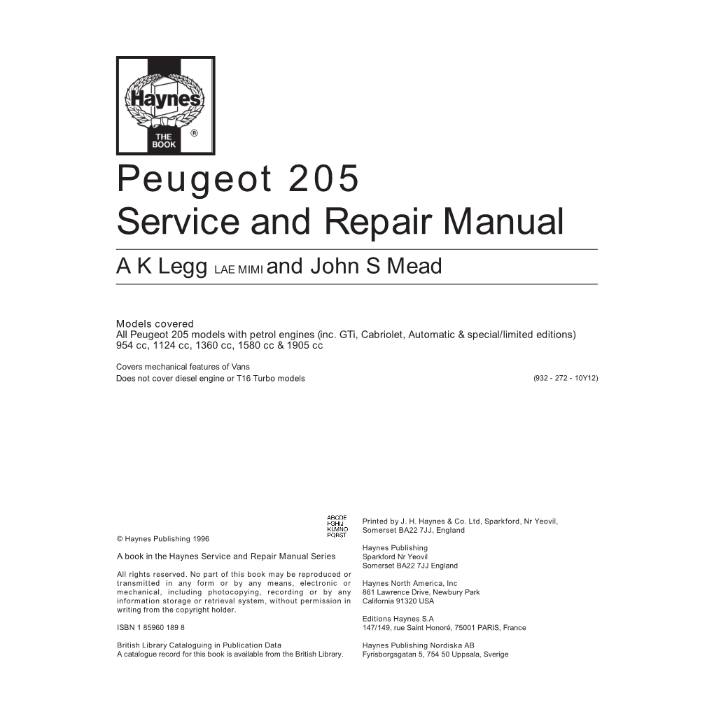 Peugeot 205 Service and Repair Manual